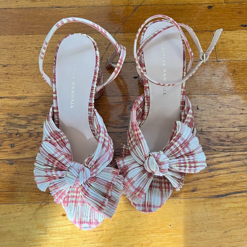 NEVER worn Loeffler Randall Camellia heals in Cranberry Plaid. Size 7.5.